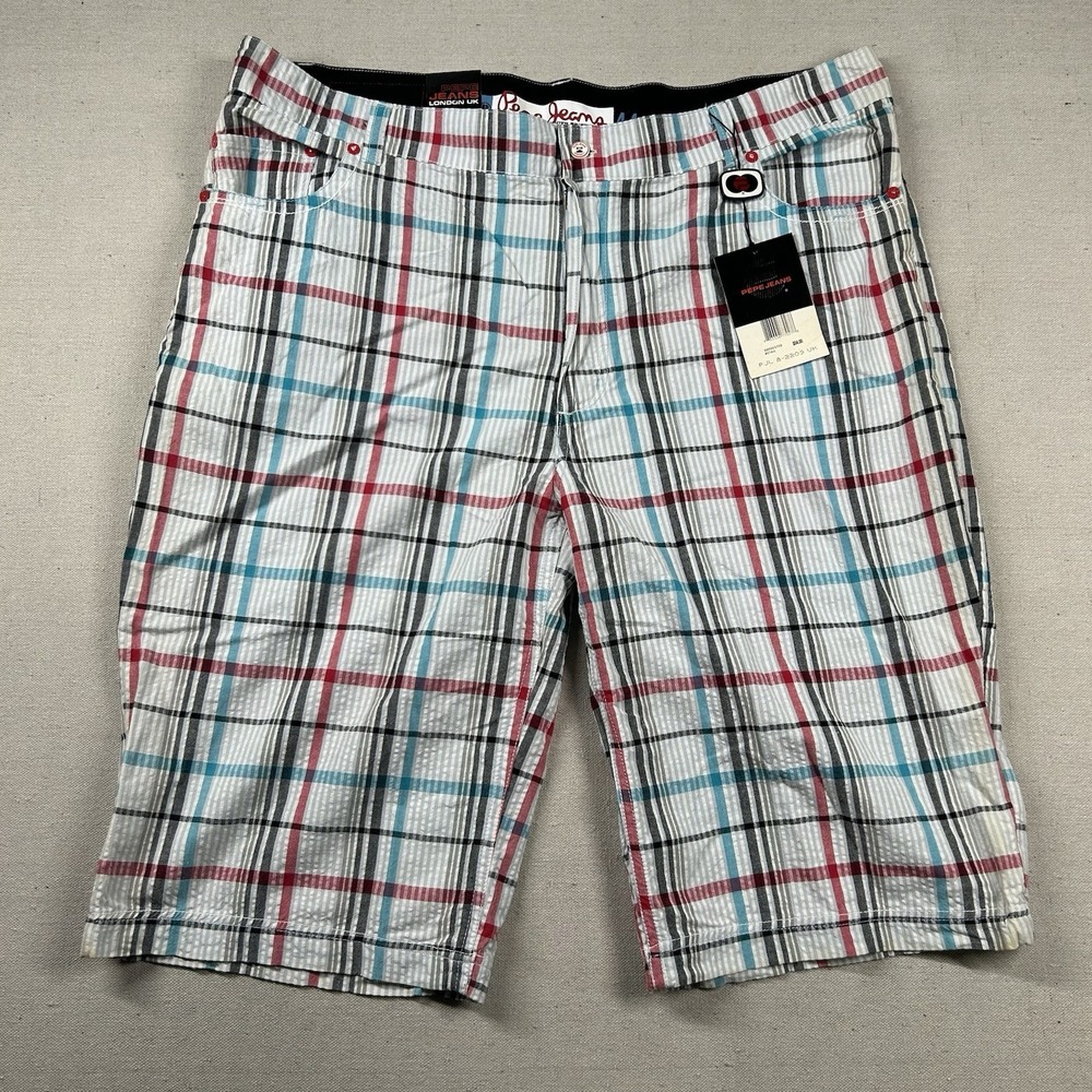 Pepe Jeans London Shorts Mens 44 Seersucker Plaid Hip Hop Street Long Baggy